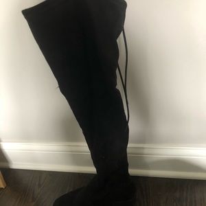 Over the knee black suede boots with tie in back